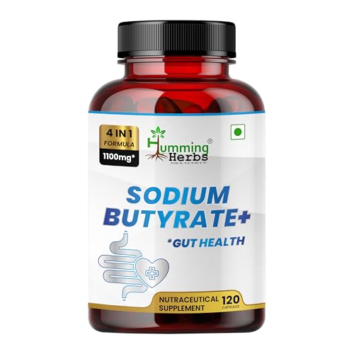 Humming Herbs Sodium Butyrate+ Capsules 4-in-1 Digestive Support with L-Glutamine + Prebiotic Inulin + Probiotic Blend (10 Billion CFU) 120 Vegetarian Capsules