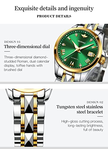 Olevs Ladies Automatic Women Watches Luxury Dress Two Tone Gold And Silver Diamond Sapphire Crystal Wrist Watches Mechanical Tungsten Steel Waterproof Date #TOP23