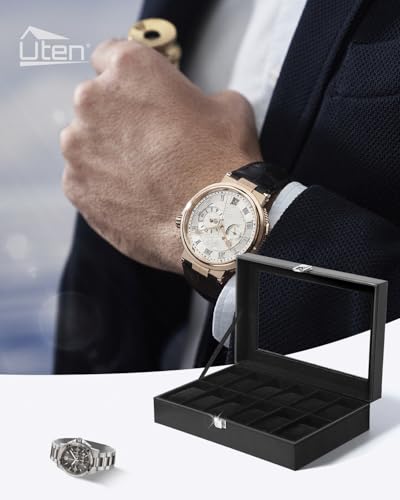 Image of Uten Watch Boxes 12 Slots, Watch Box for Men, Watch Display Case, Watch Storage Box with Removable Cushion, Metal Clasp, PU Leather, Black