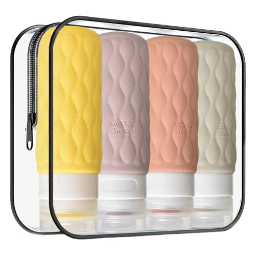 Juego de 4 botellas de viaje de silicona, 100 ml, botellas de viaje para rellenar, a prueba de fugas, juego de botellas de viaje portátiles, sin BPA, para rellenar, champú, loción, cosméticos,