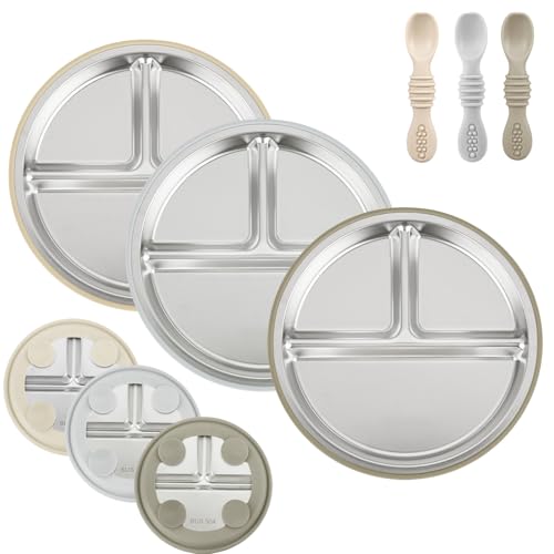 PandaEar Pack De 3 Platos De Acero Inoxidable Para Bebé Con Ventosa Y 3 Cucharas BLW, Set De Alimentación Para Bebés Y Niños Pequeños, Sin BPA