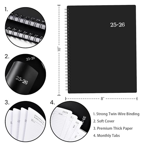 Planner 2025-2026 - July 2025 - June 2026 Planner, 2025-2026 Planner Weekly and Monthly with Printed Tabs, 8" x 10", Flexible Cover, Twin-Wire Binding, Perfect Oganizer - Black