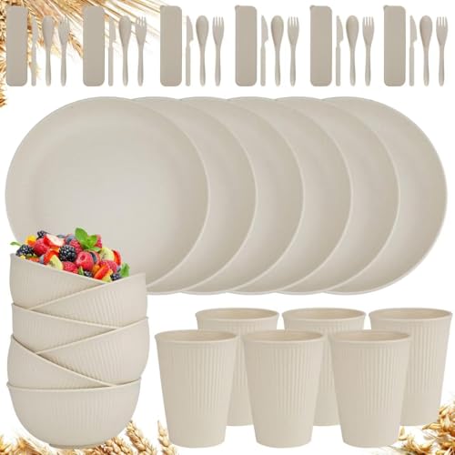Image of 42-Piece Wheat Straw Dinnerware Sets for 6,Unbreakable Plates and Bowls Set,Dinner Plate/Dessert Plate/Cereal Bowl/Cup for Kitchen,Apartment Essentials, Outdoor Camping,Beige