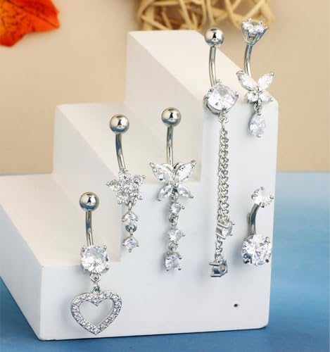 TIANCI FBYJS Surgical Stainless Steel Dangle Belly Button Rings for Women Belly Ring Dangling Piercing Jewelry with Heart Flower Butterfly Silver 14G3