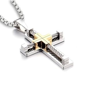 YL Cross Necklace for Men 316L Stainless Steel Jesus Christ Pendant Jewelry Rolo Chain for 20/22/24/26/28”
