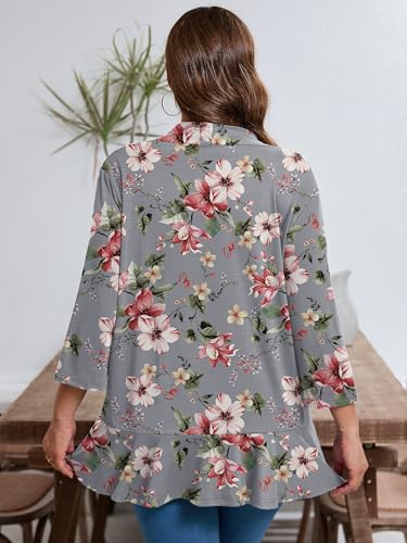 AusLook Women's Plus Size 3/4 Sleeve Lightweight Open Front Cardigan Slate Gray Watercolor Bouquet 4X Draped Ruffles Causal Cover Ups Shrugs Tops Shawls and Wraps Kimono Jacket Coat — view 2