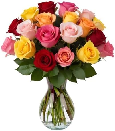 18 Rainbow Roses Assorted Mixed Color with Vase | Arabella Bouquets | Real Fresh Flowers for Delivery, Gift for Birthday, Women, Congratulations, Anniversary, Mother's Day
