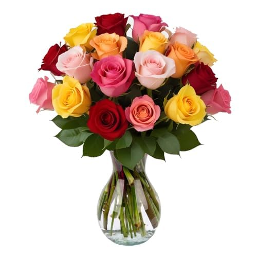 18 Rainbow Roses Assorted Mixed Color with Vase | Arabella Bouquets | Real Fresh Flowers for Delivery, Gift for Birthday, Women, Congratulations, Anniversary, Mother's Day