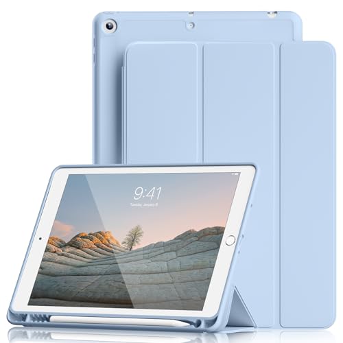 Lsmmpoba iPad 9世代 ケース 10.2インチ ipad ケース 第9/8/7世代 カバー (2021/2020/2019対応) Pencil収納可能 三つ折スタンド スリープ機能 軽量 薄型 傷つけ防止 PU合成レザー (モデル番号A2602、A2603、A2604、A2605) スカイブルー