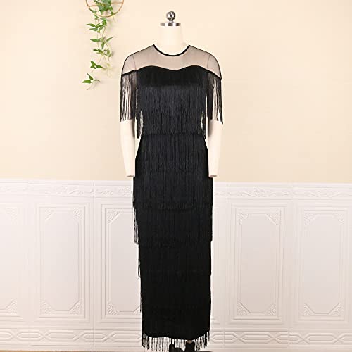 AOMEI Women's Mesh See Through Crewneck Patchwork Tassel Tiered Fringe Long Dress3