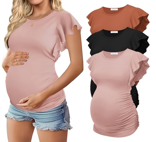 Ekouaer Women's Pregnancy Shirts 3 Packs Flying Short Sleeve Side Ruched Tunic Blouse Casual Maternity Clothes Caramel/Black/Pink XXL