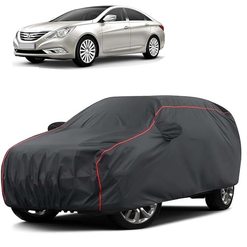 Image of Sulfar 100% Water Resistant Car Body Cover Compatible with Mirror for Hyundai Sonata (Triple Stitched, Full Bottom Elastic, Dark Grey Taffeta with Red Piping)