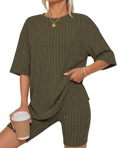 Image of KIRUNDO Short Sets For Women Summer 2 Piece Matching Lounge Sets Casual Rib Knit Tshirts Biker Shorts Beach Vacation Outfits