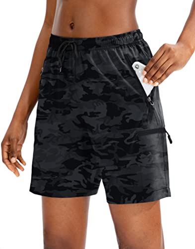 SANTINY Women's 5''/ 7''/9'' Hiking Cargo Shorts(Grey Camo_L)