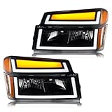 DimFlux LED DRL Headlight, Headlights Assembly Kit Compatible with 2004-2012 Chevy Colorado, Compatible with 2004-2012 GMC Canyon Replacement Headlamp Black Housing Amber Reflector