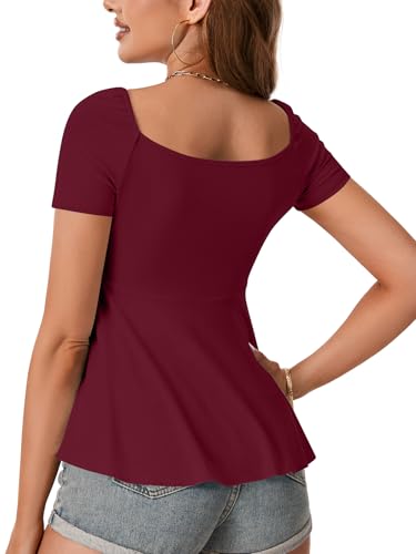 Image of Rooscier Women's Ribbed Knit Sweetheart Neck Tops Cute Drawstring Ruffle Short Sleeve T Shirts
