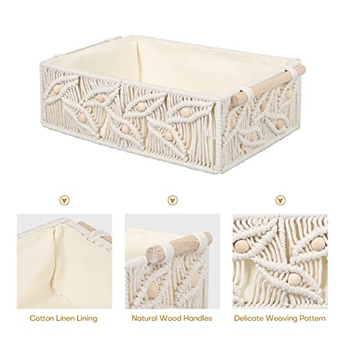 Anminy Macrame Storage Baskets Set 3Pcs Handmade Cotton Woven Decorative Boho Desk Storage Bins Boxes With Wood Handles Wooden Beads Nursery Baby Kid Towel Paper Large Small Shelf Organizer Container #TOP2