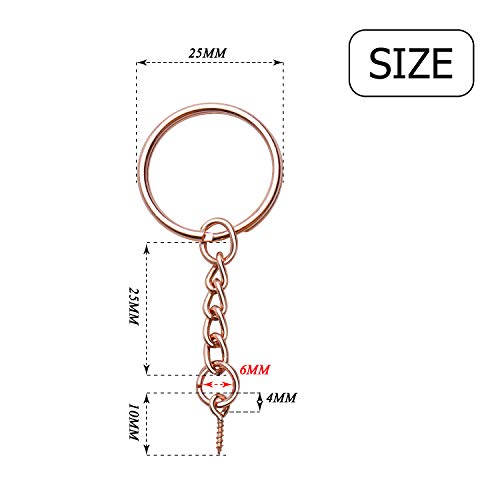 BronaGrand 50pcs 25mm Split Key Ring with Extend Chain and 12mm Screw Eye Pin for Craft Charm Making,Rose Gold