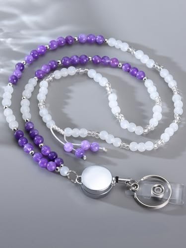 COTATI Teacher Lanyard for Id Badges and Keys,Retractable Beaded Cute Lanyards for Women Card Badge Holder (Silver-Purple)