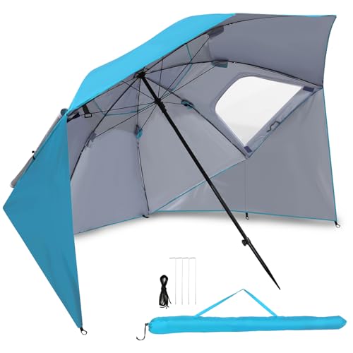 Fiqops Sonnenschirm Strandmuschel 2 in 1 Ampelschirm für Strand Garten, UV50+ Sonnenschutz für 2-4 Personen, faltbar multifunktional, mit Fenster und Tragetasche Ø210x220cm, Hellblau