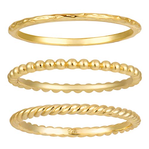 18K Gold Plated Sterling Silver Stacking Ring Set of 3 | Thin Beaded Ring Twisted Rope Band Hammered Ring | Minimalist Spacer Rings | Delicate Eternity Gold Band