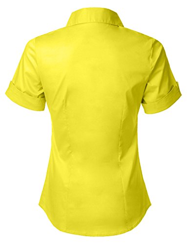 LE3NO Womens Tailored Short Sleeve Button Down Shirt with Stretch,L3nwt575a_yellow,Small