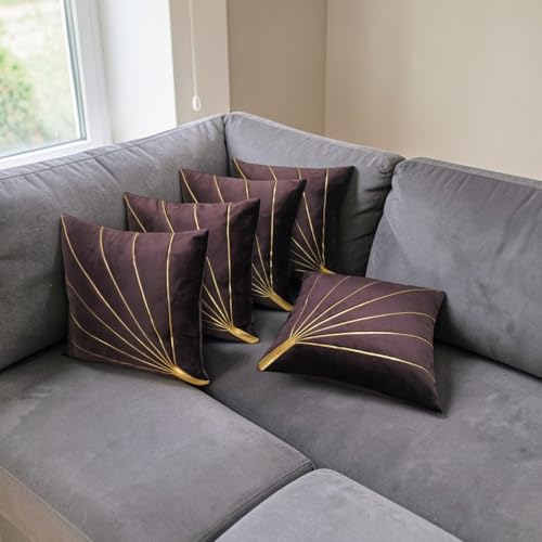 Image of Home Velvet Cushion Cover with Golden Stripes, Aqua Pack of 5, 16x16 to 26x26 Inch (Brown, 22x22in)