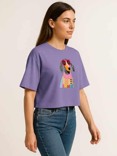 Image of HELLCAT Beige Printed Loose Fit Crew-Neck Crop T-Shirt for Women