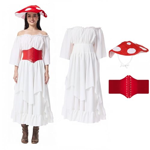 Joyincoser Costume de champignon pour femme - Avec corset rouge - Chapeau de champignon - Chapeau de nouveauté - Épaules ouvertes - Élégante robe de soirée pour Halloween, carnaval, fête, banquet