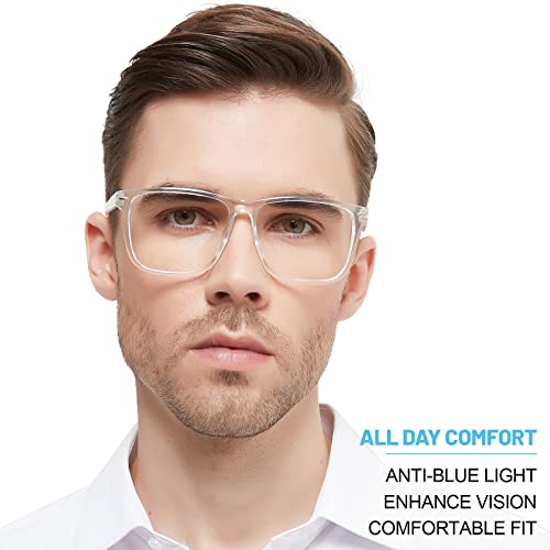 Image of Reading Glasses for Men Blue Light Blocking Readers 2.25 Large Square Durable Spring Hinge Reader Glasses 100 125 150 175 200 225 250 275 300 350 400 500 600 (Clear 2.25