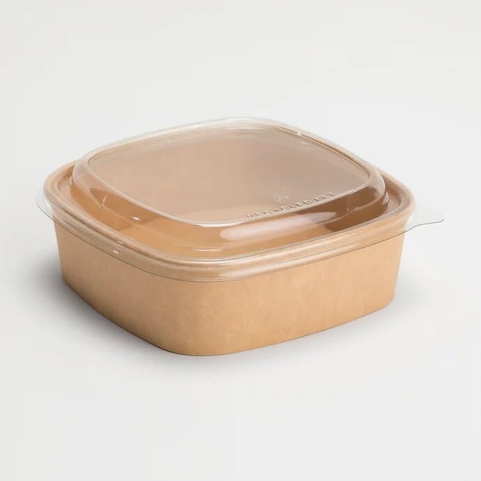 Foglish Home & Garden Kraft Paper Food Containers, 1000ml Square, Brown with Clear Lids, 17.5x17.5x6.3cm, Stackable Design for Restaurant and Takeaway Use, Greaseproof, Leak-proof (20)