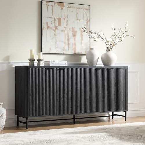 Fatmok 65" Large Sideboard Buffet Cabinet with Storage,Modern Fluted Credenza with Doors & Adjustable Shelves,Accent Coffee Bar/TV Console for Dining Room & Living Room,Black Gray