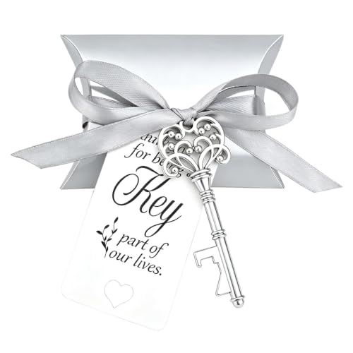 Evanto 50 Sets Vintage Key Bottle Openers, Wedding Favor Souvenir Gift for Guests with Escort Card Thank You Tag Pillow Box and Satin Ribbon