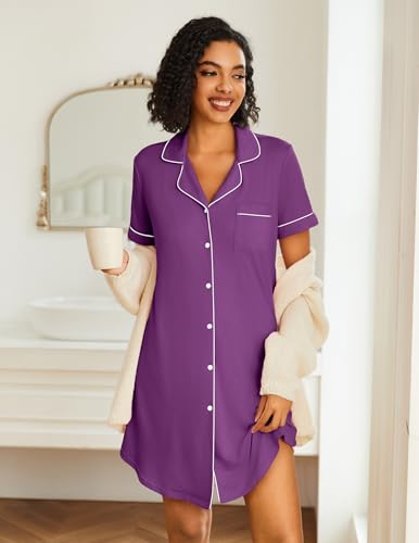 Image of Ekouaer Nightgowns for Women 2 Pack Button Down Sleepwear Short Sleeve Sleepshirts Soft Nightshirts Boyfriend Pajama Dress