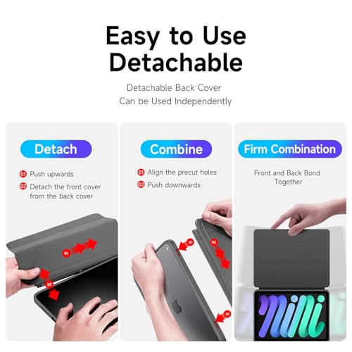 Image of INICIO Hybrid Smart Folio Case for Apple iPad mini 7 2024 & Mini 6 8.3 inch, Creative Detachable Front Cover, Trifold Multi Angle Stand, Pen Holder, Auto Wake /Sleep, PU+PC+TPU, Black