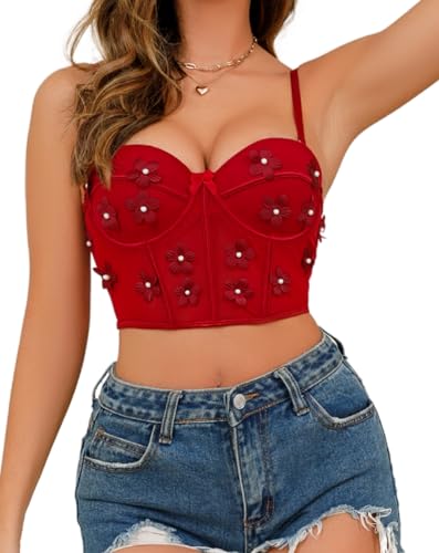 EVELIFE Women's Crop Tops Sexy Floral Bustier Corset Cami Top Strap Vest Summer Chic Sleeveless (Wine Red,S)