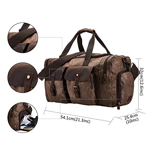 Waxed Canvas Vintage Overnight Duffel Weekend Travel Bag Waterproof For Men Women with Shoes Compartment (Dark Brown)2