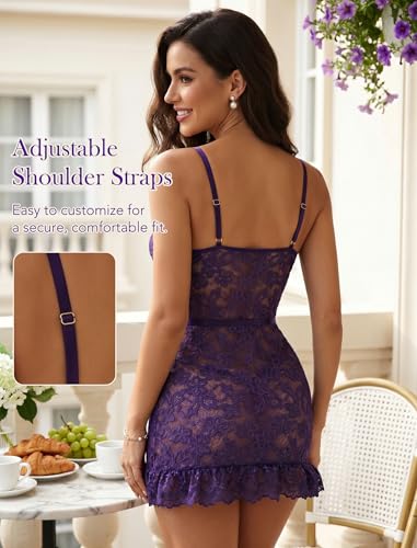 Image of Girece Sexy Lingerie for Women Babydoll Lingerie Dress Lace Chemise Nightgown with Adjustable Straps, Ruffle Hem G String