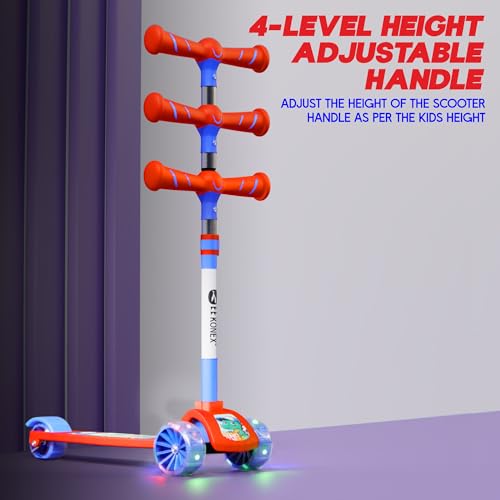 Image of Konex Kick Scooter for Kids (2+ Years) | 3 Broad Rubber Wheels for Smooth Ride | 4-Level Height Adjustable Handle | Foldable & Portable with Back Brake (Red-Blue, LED)