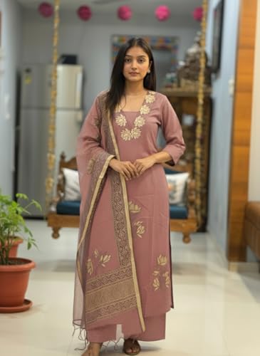 Image of ANNI Designer Women's Rayon Viscose Straight fit Printed Embroidered Kurta with Pant & Dupatta | Ethnic Kurta Set for Women | Daily, Office & Festive Traditional