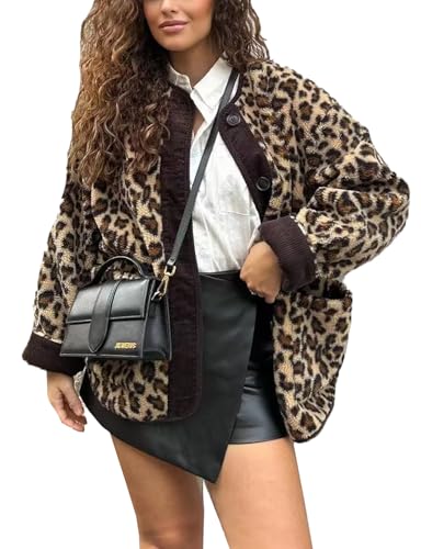 utcoco Womens Leopard Fuzzy Fleece Jacket Crew Neck Button Down Sherpa Coats Winter Warm Outwear with Pockets