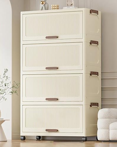 Image of House of Quirk 4-Tier Storage Cabinet with Wheels - Durable Plastic Foldable Wardrobe Organizer with Multiple Compartments, Perfect for Bags, Clothes, and Living Room Storage (Cream)