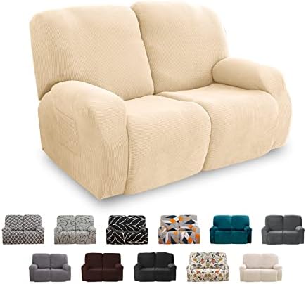 FIGOOO Recliner Sofa Covers 2 Seat Stretch Loveseat Recliner Cover Non Slip 6-Piece Jacquard Recliner Couch Cover with Pockets Reclining Couch Covers Furniture Protector for Dogs Cats,Beige