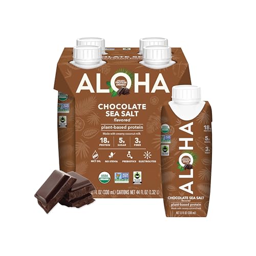 ALOHA Organic Plant-Based Protein Drink – Chocolate Sea Salt Flavor | 18g Protein, 5g Sugar, 3g Fiber | Made with Creamy Coconut Milk, Fair Trade Certified, No Stevia | Vegan, Non-GMO, Gluten-Free, 11 fl oz (12 Pack)