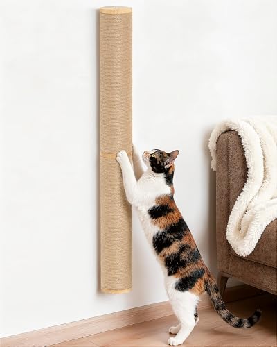 34" Cat Scratching Post on Wall for Large Cats, Wall Mounted Wood Cat Scratcher Furniture for Indoor Cats, Tall and Sturdy Corner Climbing Pole