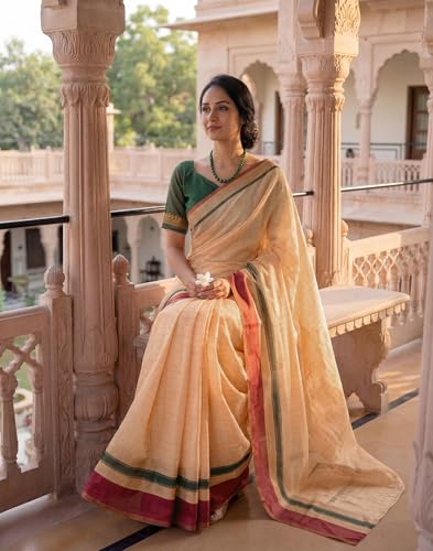Image of SIRIL Women's Cotton Linen Printed, Zari Border One Minute Ready To Wear Saree With Unstitched Blouse Piece