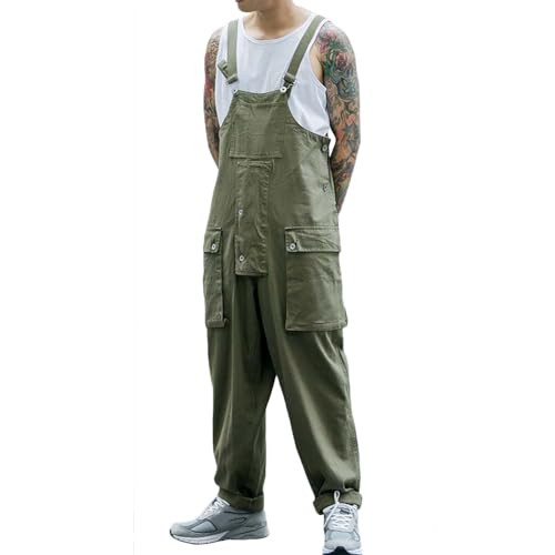 Rexcyril Overol con peto para hombre, holgado, holgado, ropa de trabajo, ligera, con bolsillos tipo cargo, Verde militar, 36