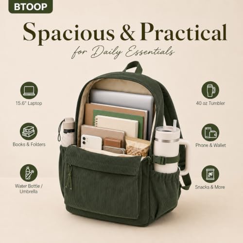 Image of BTOOP School Backpack for Teens Girls, Cute Corduroy Bookbag Lightweight 15.6 inch Laptop Bag for Women, Giant Tumbler Holder Pocket Casual High School College