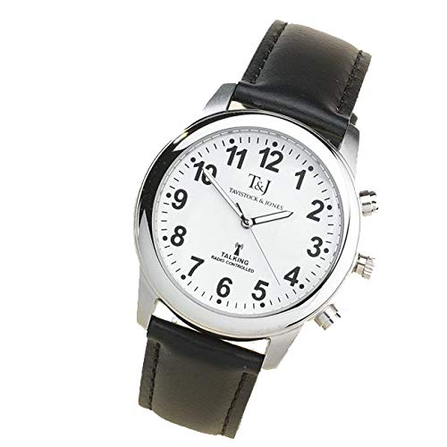 Easylife Tavistock & Jones Talking Watches for Men, Radio Controlled Black Wrist Watch with Black Leather Strap and Easy to Read Numbers - Fully Guaranteed