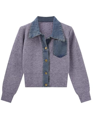 Image of Womens Sweaters Patchwork Denim Sweater Cardigan Long Sleeve Chunky Knit Cardigans Fall Cardigan